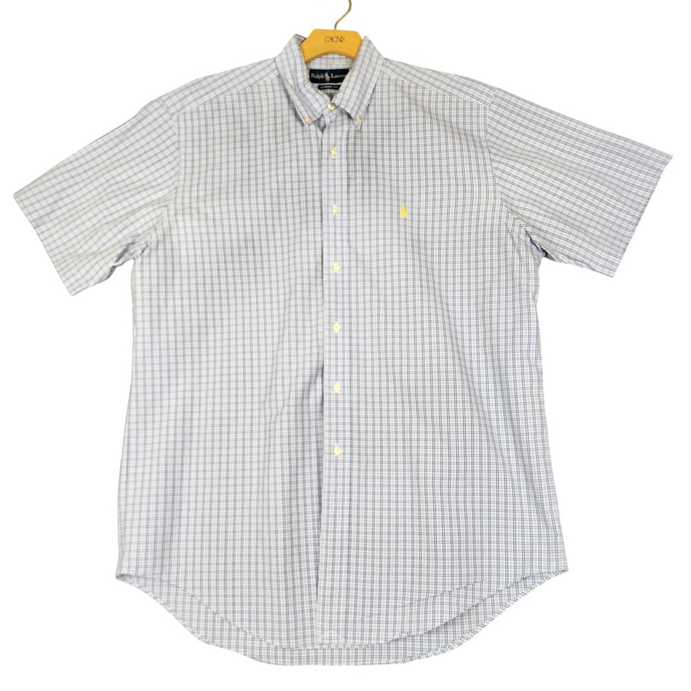 Ralph Lauren Mens Blue White Plaid Classic Fit Short Sleeve Button Down Shirt L